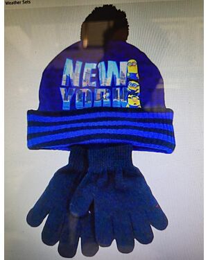 MINION CHILDRENS BOBBLE HAT AND GLOVES SET BLUE MJ6003