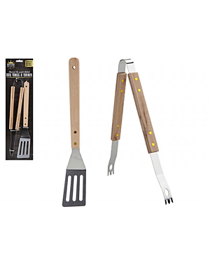 BBQ TONGS AND TURNER W/WOODEN  HANDLE ON PRINTED CARD
