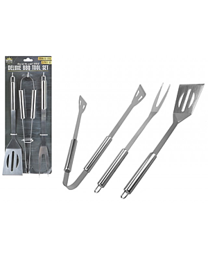 3PC DELUXE STAINLESS STEEL BBQ TOOL SET ON TIE ON CARD