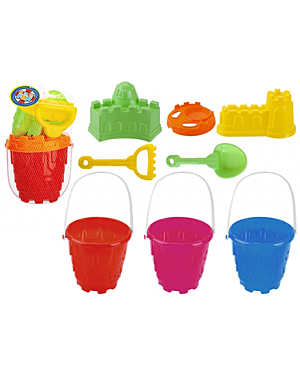 CHILDS BEACH CASTLE BUCKET SET WITH 5PC ACESSORIES IN NET BAG