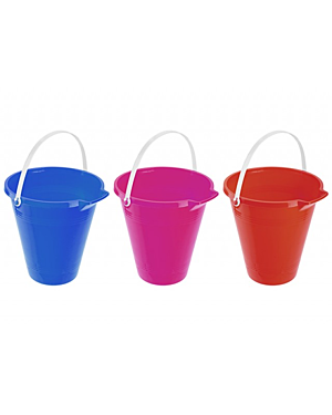 9" ROUND BUCKET W/POUR LIP AND WHITE HANDLE 3ASST COLS