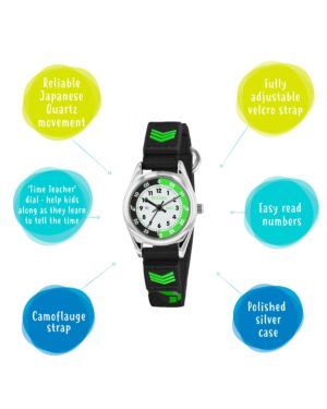 Tikkers Boys Black Fabric Rip Strap Camo Time Teacher Watch TK0154