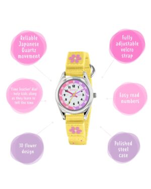 Tikkers Girls Yellow Fabric Strap Flower Time Teacher Watch TK0155