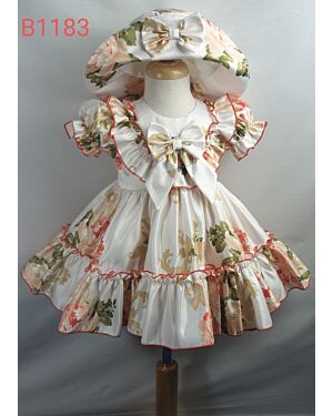 Baby Girls All Over Printed dress With A Bow And Frill With Hat  B1183